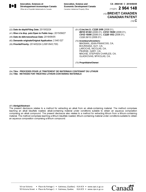 Document de brevet canadien 2964148. Page couverture 20180509. Image 1 de 2