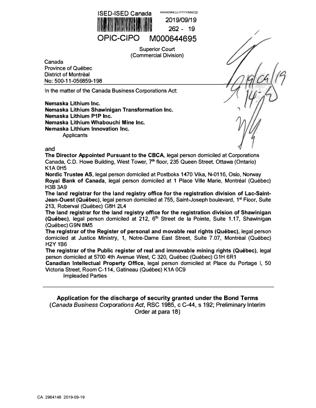Document de brevet canadien 2964148. Correspondance reliée aux formalités 20190919. Image 1 de 25