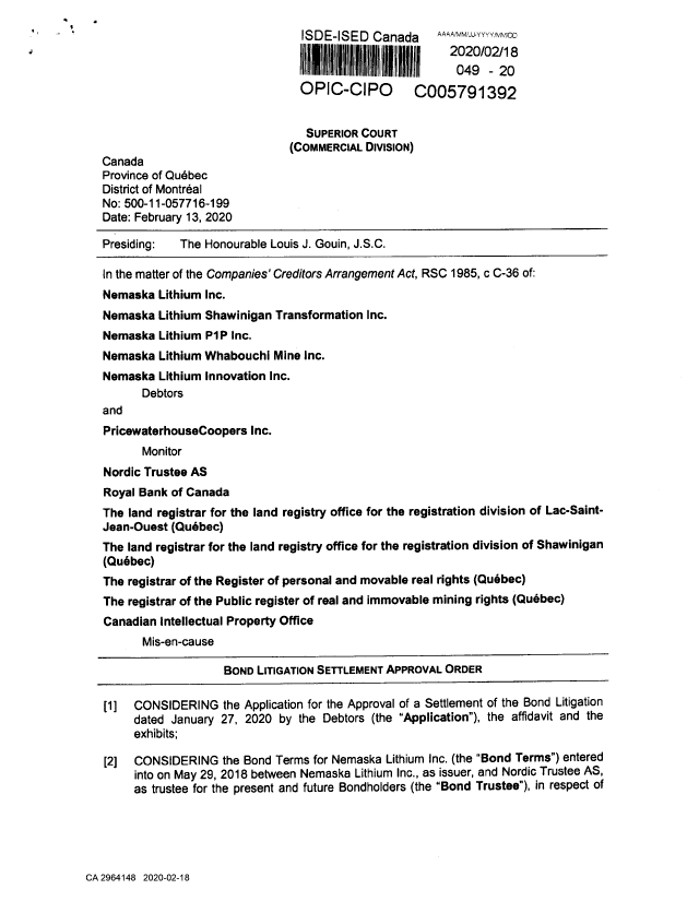 Document de brevet canadien 2964148. Correspondance reliée aux formalités 20200218. Image 1 de 20