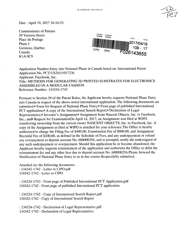 Document de brevet canadien 2965144. Demande d'entrée en phase nationale 20161219. Image 1 de 16