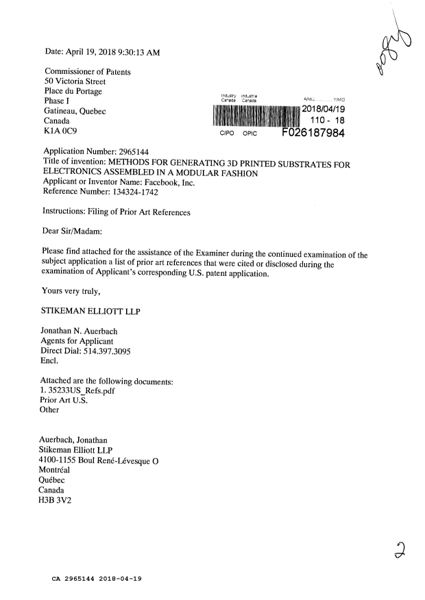 Document de brevet canadien 2965144. Modification 20180419. Image 1 de 2