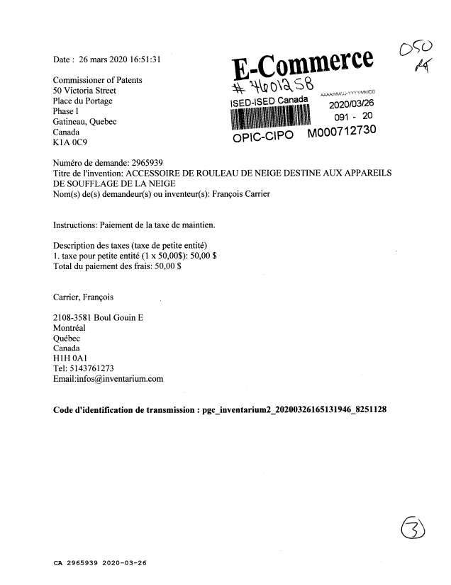 Document de brevet canadien 2965939. Paiement de taxe périodique 20200326. Image 1 de 3