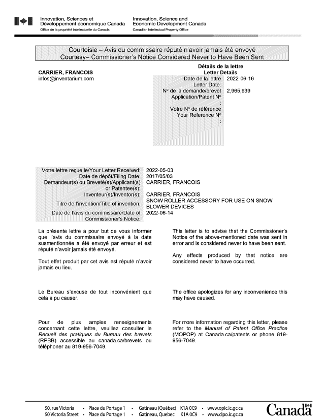 Document de brevet canadien 2965939. Lettre du bureau 20220616. Image 1 de 1