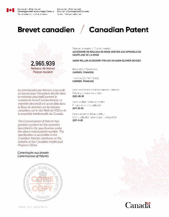 Canadian Patent Document 2965939. Electronic Grant Certificate 20220830. Image 1 of 1