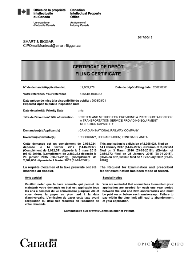 Document de brevet canadien 2969278. Complémentaire - Certificat de dépôt 20170613. Image 1 de 1