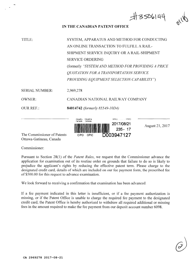 Document de brevet canadien 2969278. Ordonnance spéciale 20170821. Image 1 de 2
