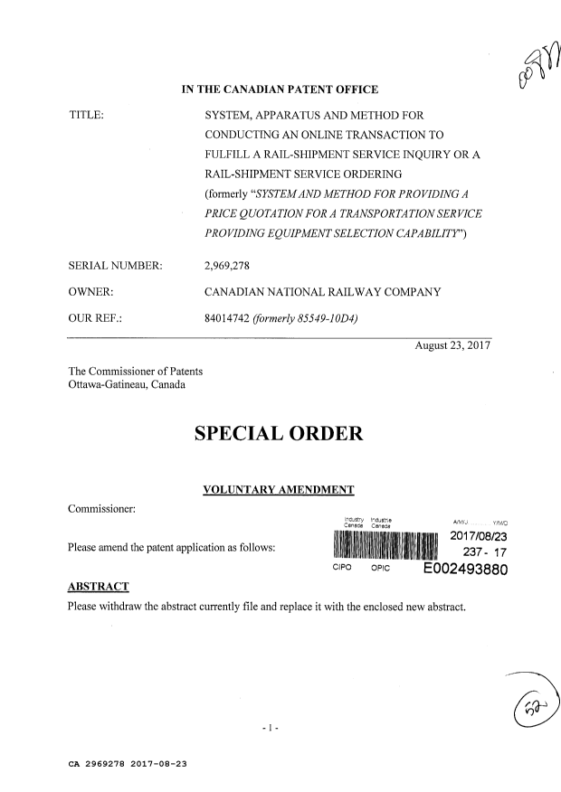Document de brevet canadien 2969278. Modification 20170823. Image 1 de 52