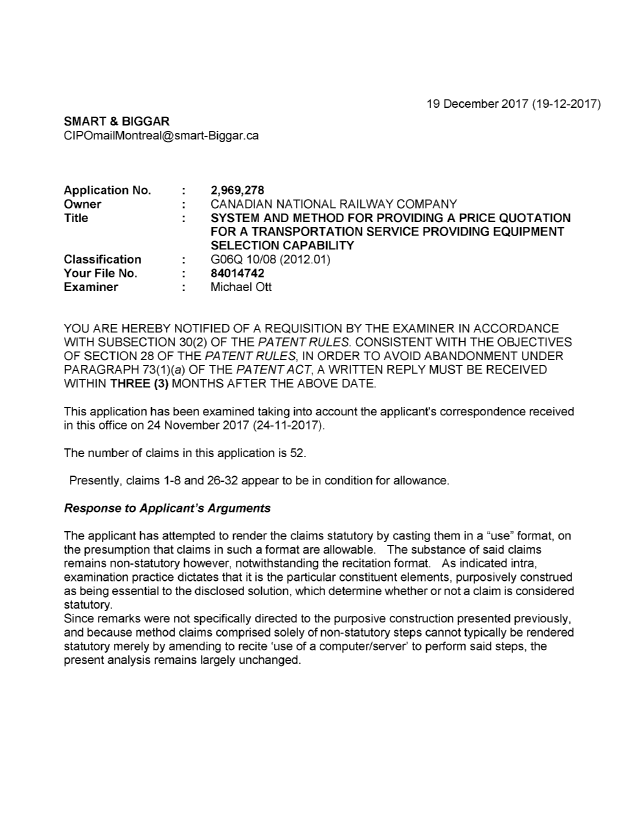 Document de brevet canadien 2969278. Demande d'examen 20171219. Image 1 de 5