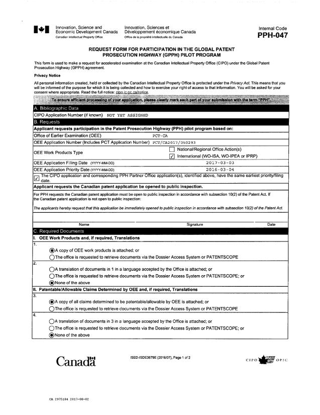 Canadian Patent Document 2975184. PPH Request 20170802. Image 1 of 13