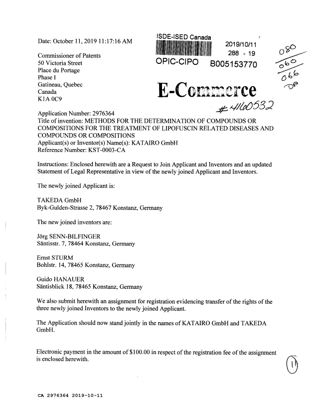 Document de brevet canadien 2976364. Doc. de nature délicate: transfert individuel 20191011. Image 1 de 8