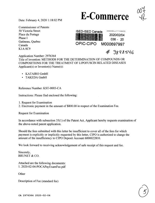 Document de brevet canadien 2976364. Requête d'examen 20200204. Image 1 de 5