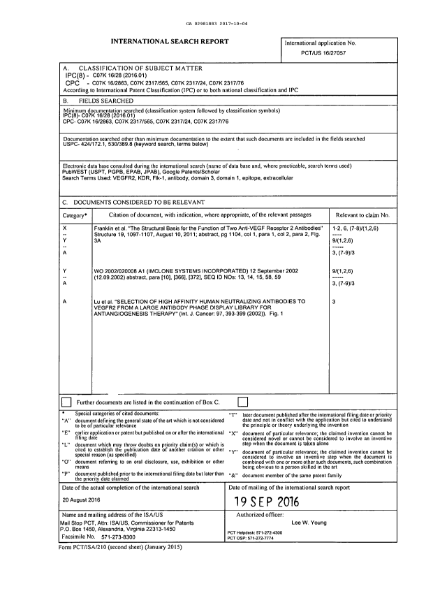 Document de brevet canadien 2981883. Rapport de recherche internationale 20171004. Image 1 de 3