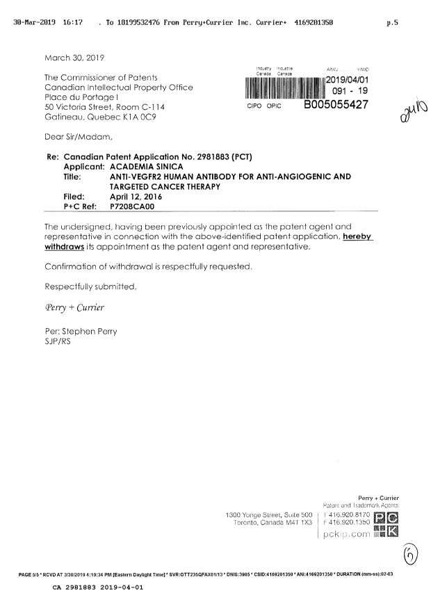Document de brevet canadien 2981883. Changement de nomination d'agent 20190401. Image 1 de 5