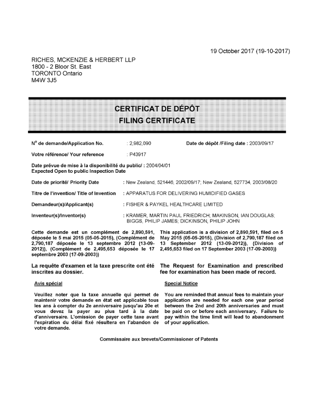 Canadian Patent Document 2982090. Divisional - Filing Certificate 20171019. Image 1 of 1