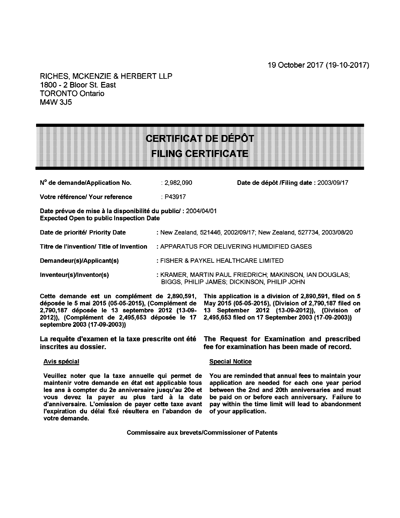 Canadian Patent Document 2982090. Divisional - Filing Certificate 20171019. Image 1 of 1