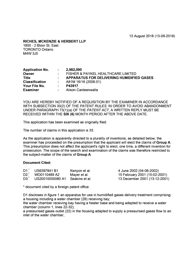Document de brevet canadien 2982090. Demande d'examen 20180813. Image 1 de 5