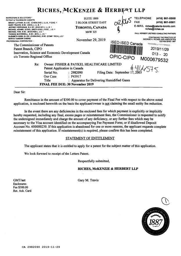 Canadian Patent Document 2982090. Response to section 37 20191129. Image 1 of 1
