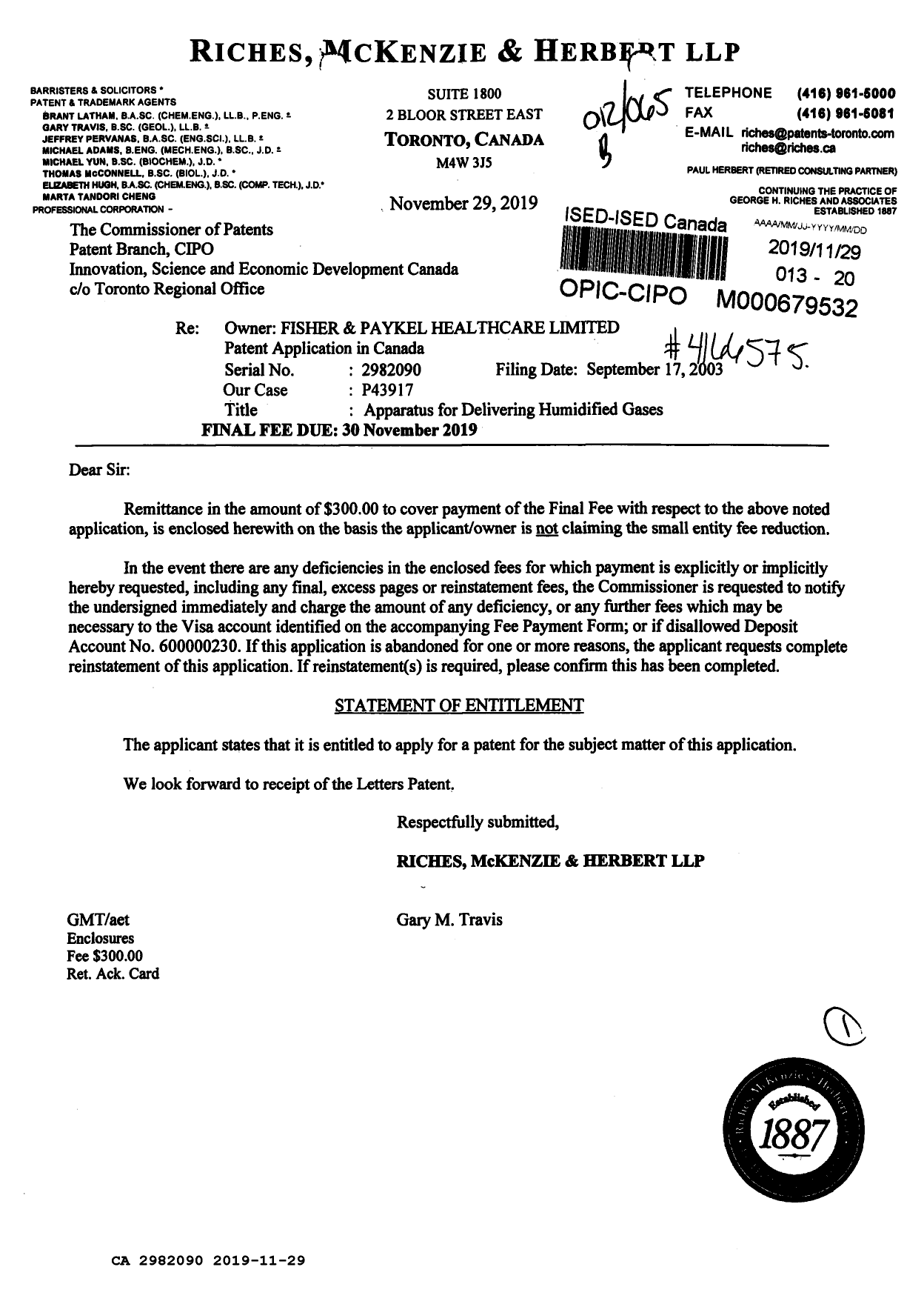 Canadian Patent Document 2982090. Response to section 37 20191129. Image 1 of 1