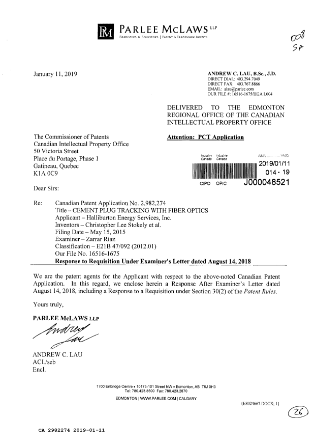 Canadian Patent Document 2982274. Amendment 20190111. Image 1 of 26
