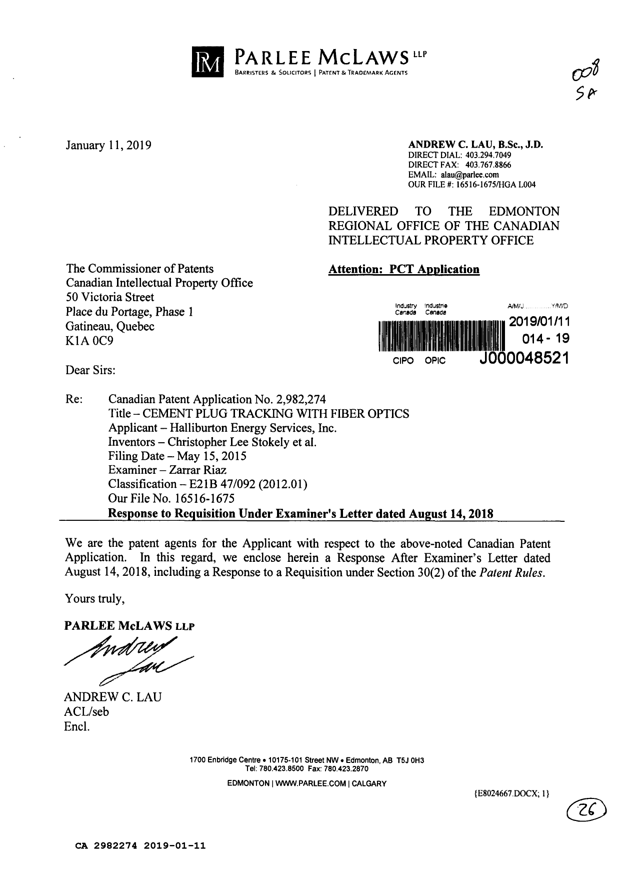 Canadian Patent Document 2982274. Amendment 20190111. Image 1 of 26