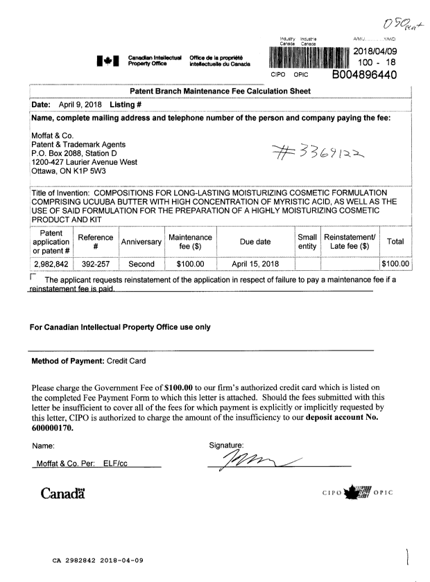 Canadian Patent Document 2982842. Maintenance Fee Payment 20180409. Image 1 of 1