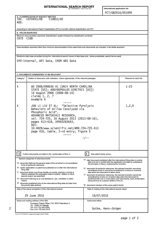 Document de brevet canadien 2983553. Rapport de recherche internationale 20171020. Image 1 de 3