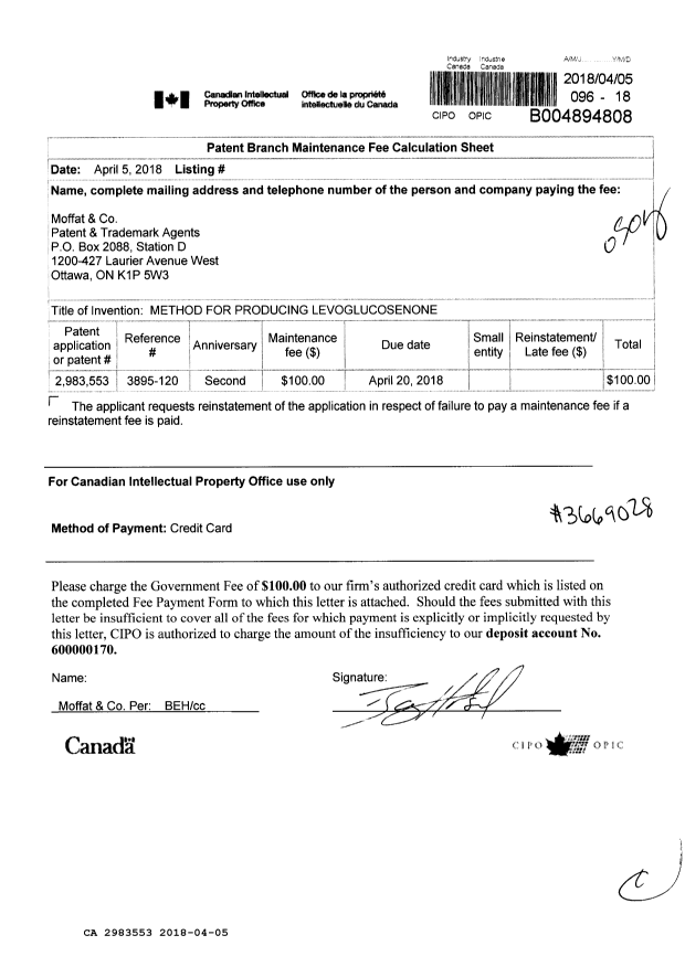 Document de brevet canadien 2983553. Paiement de taxe périodique 20180405. Image 1 de 1