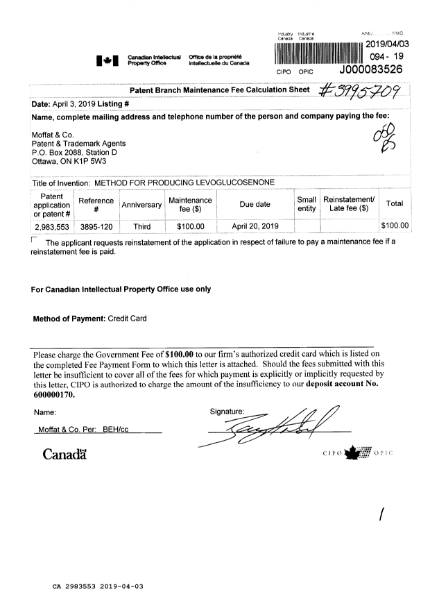 Document de brevet canadien 2983553. Paiement de taxe périodique 20190403. Image 1 de 1