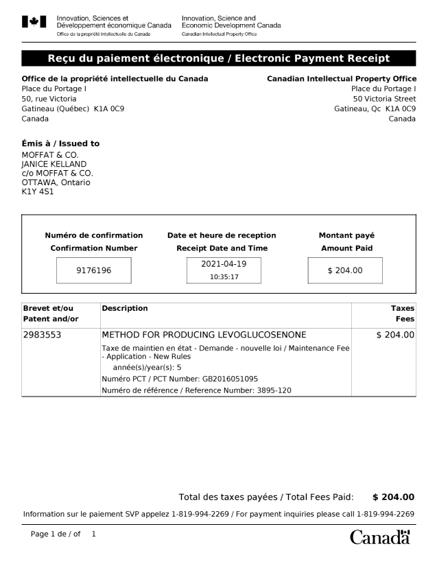 Document de brevet canadien 2983553. Paiement de taxe périodique 20210419. Image 1 de 1