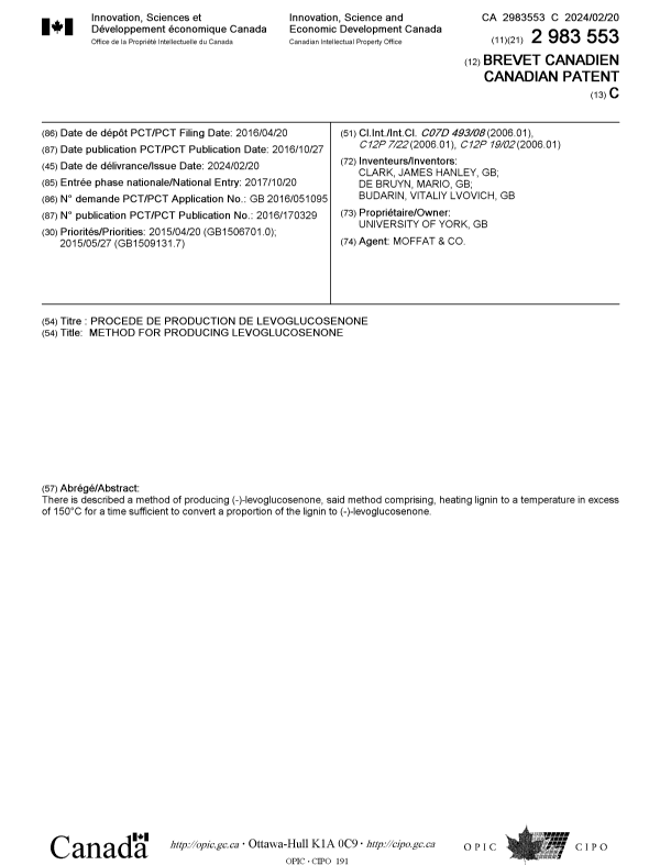 Document de brevet canadien 2983553. Page couverture 20240123. Image 1 de 1
