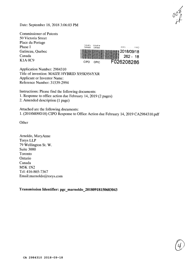 Document de brevet canadien 2984310. Modification 20180918. Image 1 de 4