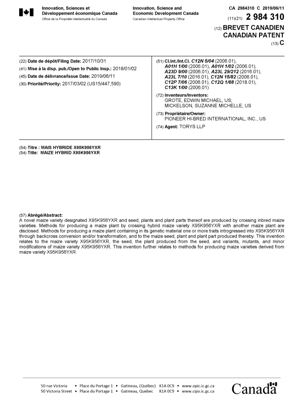 Document de brevet canadien 2984310. Page couverture 20190517. Image 1 de 1