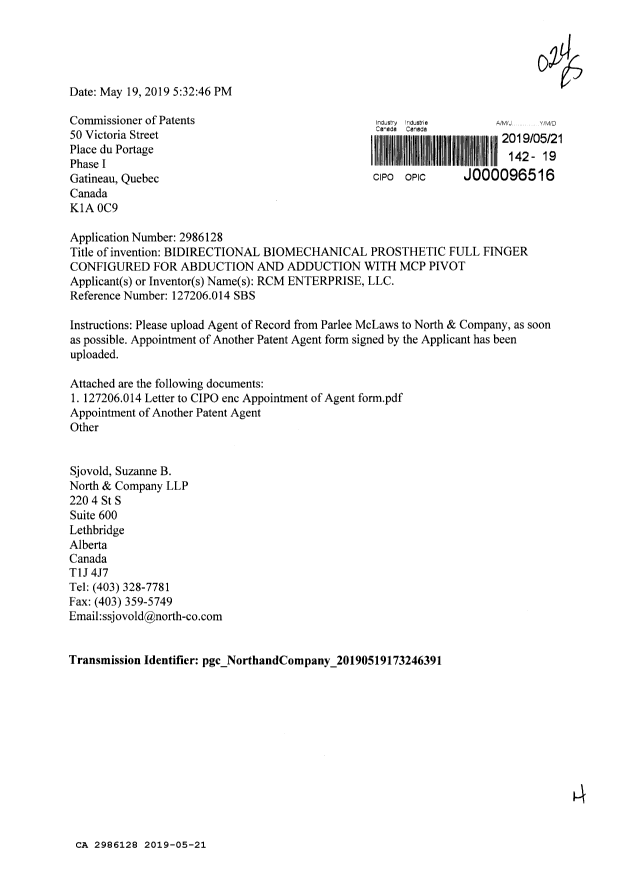 Canadian Patent Document 2986128. Change of Agent 20190521. Image 1 of 4