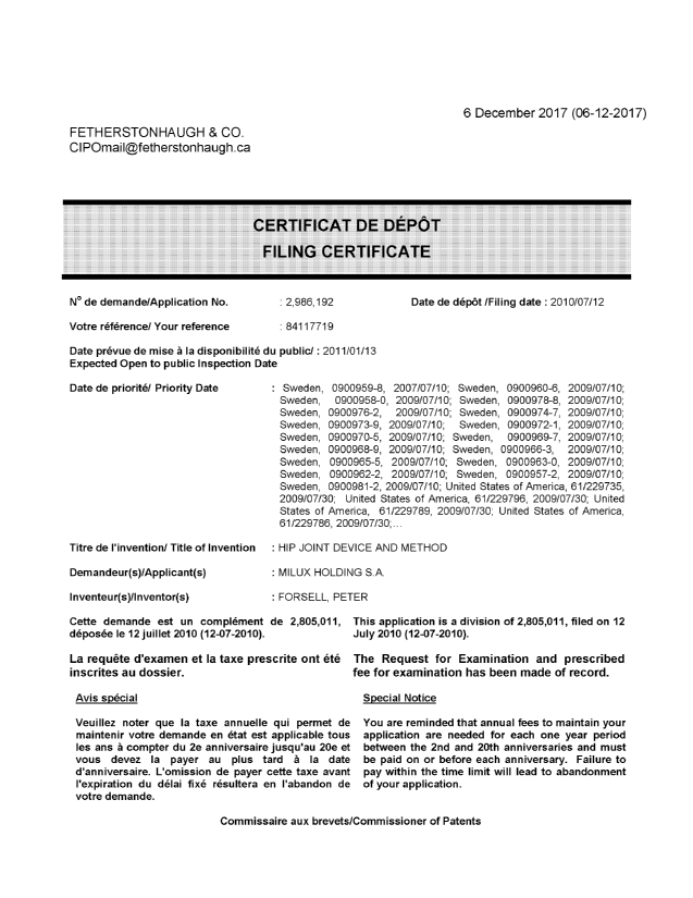 Document de brevet canadien 2986192. Complémentaire - Certificat de dépôt 20171206. Image 1 de 1