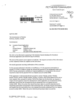 Canadian Patent Document 2986192. Correspondence Related to Formalities 20180425. Image 1 of 4