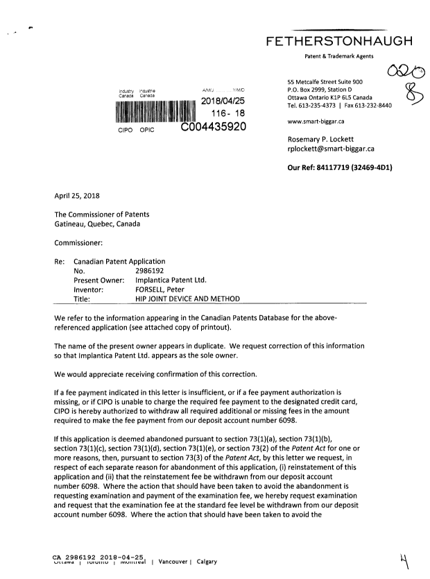 Document de brevet canadien 2986192. Correspondance reliée aux formalités 20180425. Image 1 de 4