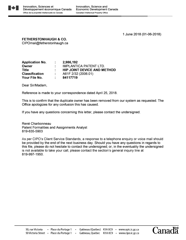 Canadian Patent Document 2986192. Office Letter 20180601. Image 1 of 1