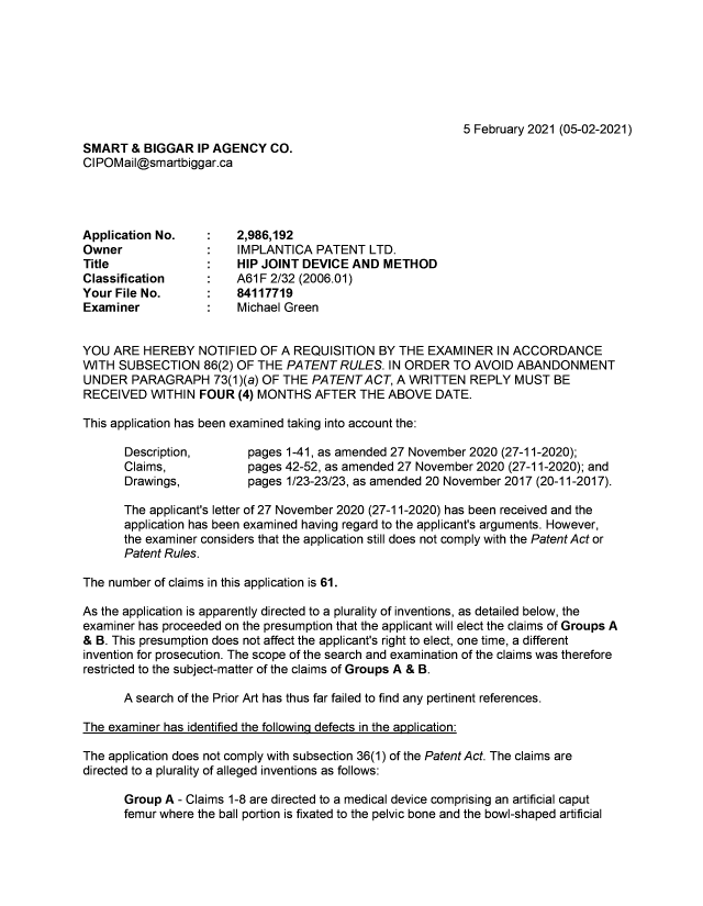 Document de brevet canadien 2986192. Demande d'examen 20210205. Image 1 de 4