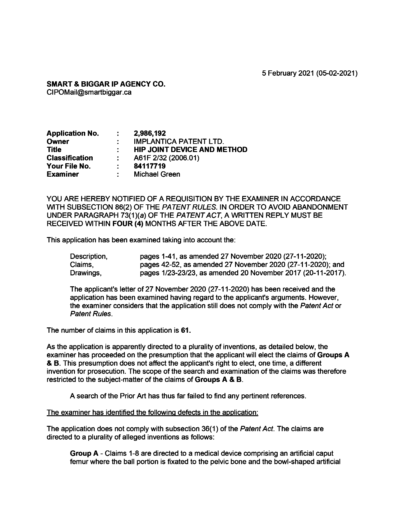 Canadian Patent Document 2986192. Examiner Requisition 20210205. Image 1 of 4
