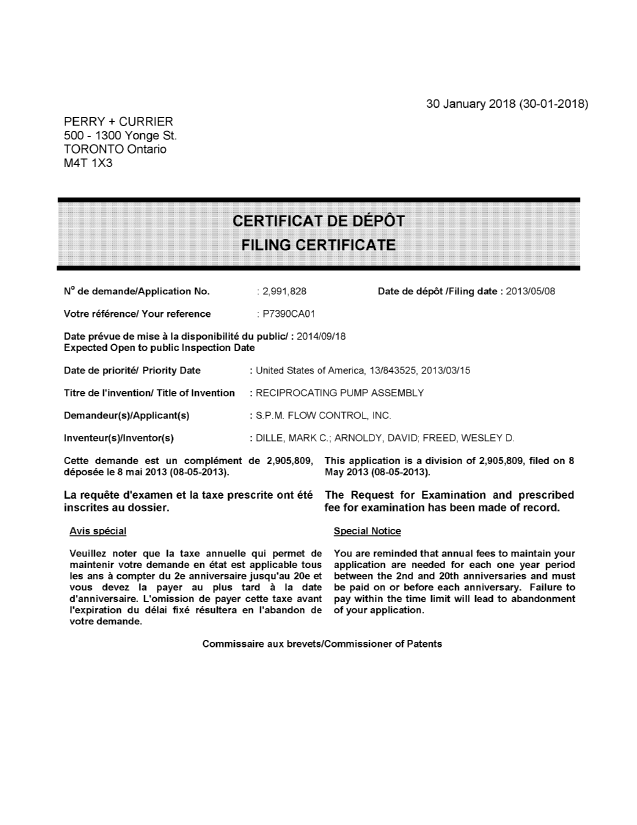Document de brevet canadien 2991828. Complémentaire - Certificat de dépôt 20180130. Image 1 de 1