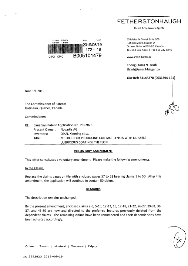 Document de brevet canadien 2992823. Modification 20190619. Image 1 de 26