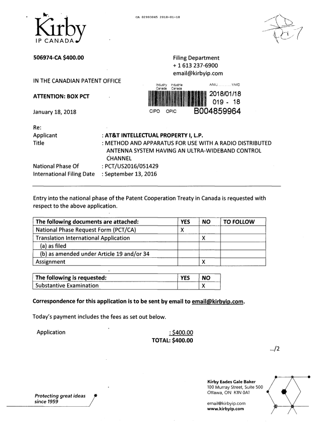 Canadian Patent Document 2993045. National Entry Request 20180118. Image 1 of 4