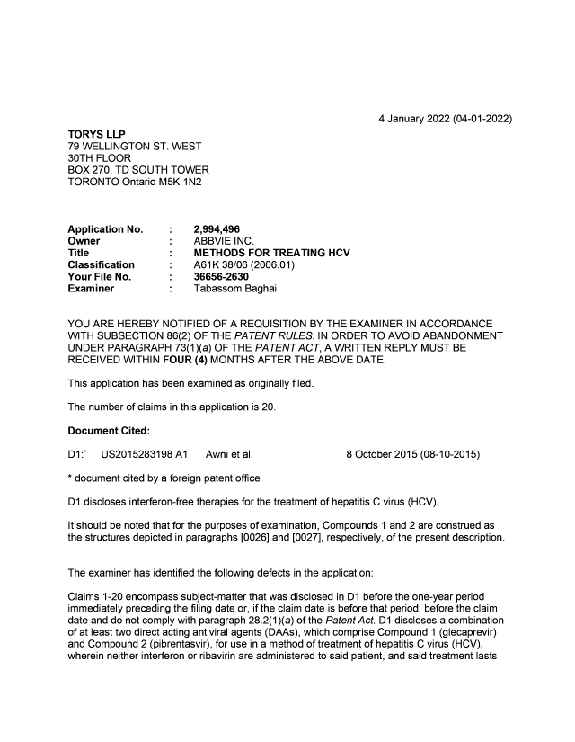 Document de brevet canadien 2994496. Demande d'examen 20220104. Image 1 de 4