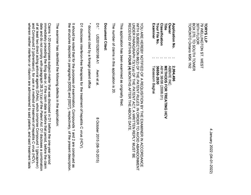 Canadian Patent Document 2994496. Examiner Requisition 20220104. Image 1 of 4