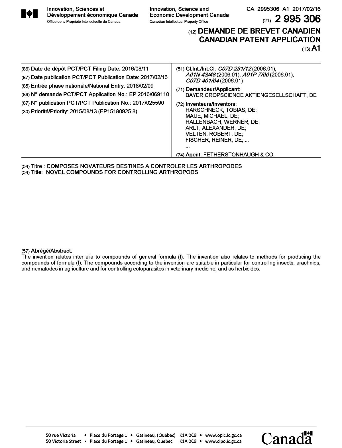 Canadian Patent Document 2995306. Cover Page 20180329. Image 1 of 2