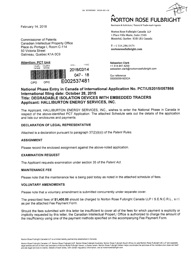 Document de brevet canadien 2995682. Demande d'entrée en phase nationale 20180214. Image 1 de 11