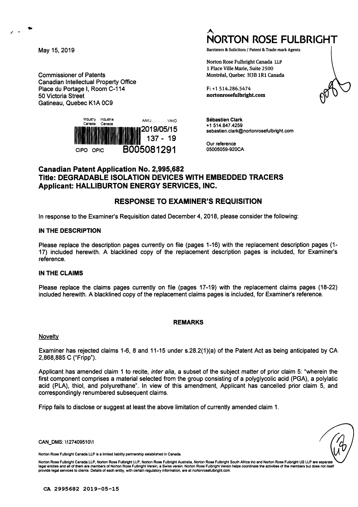 Canadian Patent Document 2995682. Amendment 20190515. Image 1 of 48