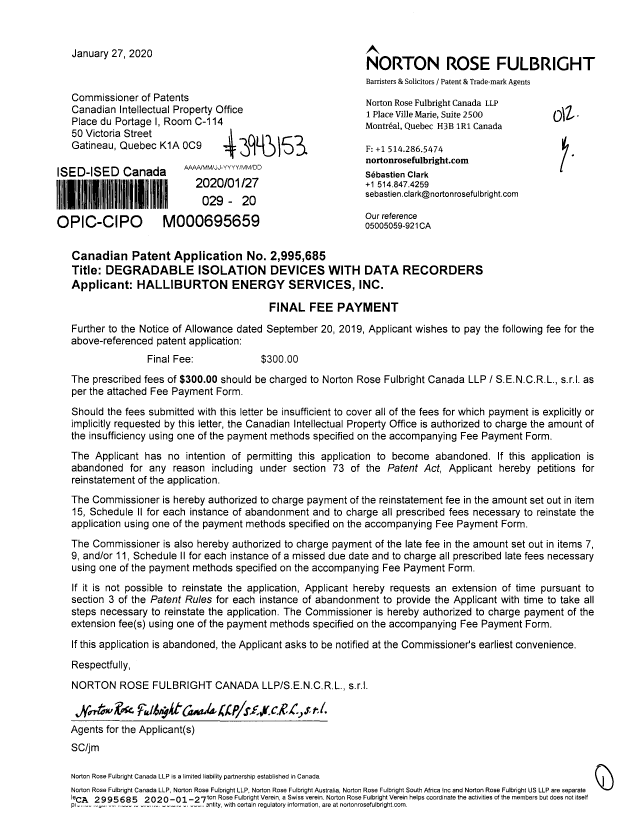 Document de brevet canadien 2995685. Taxe finale 20200127. Image 1 de 1