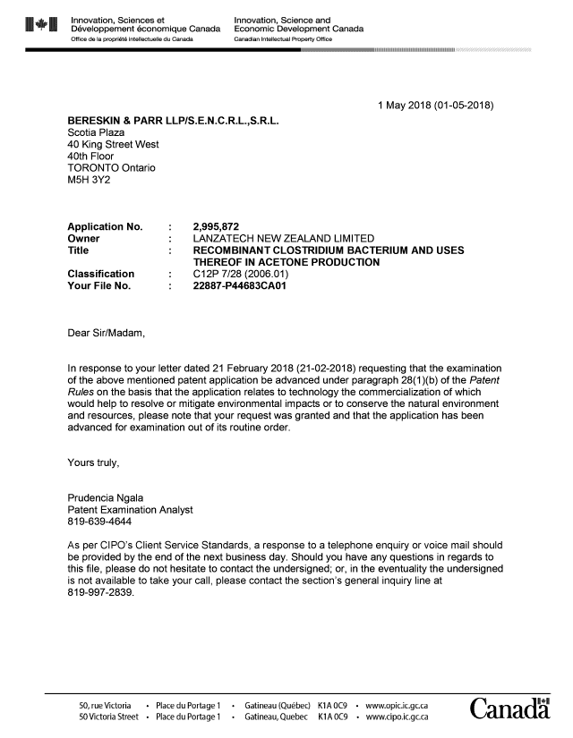 Document de brevet canadien 2995872. Ordonnance spéciale - Verte acceptée 20180501. Image 1 de 1