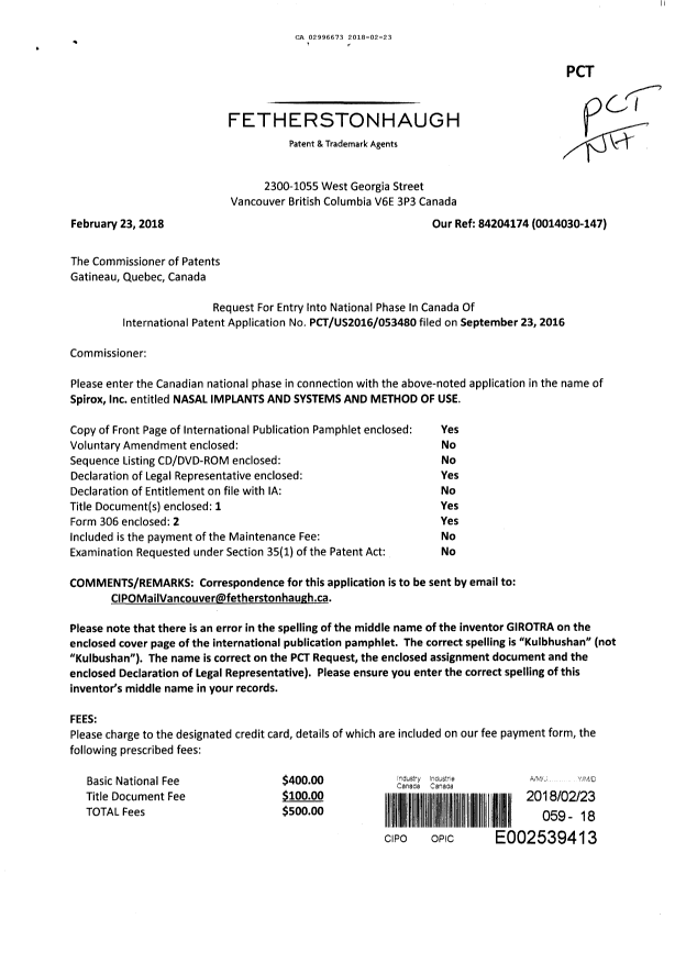 Document de brevet canadien 2996673. Demande d'entrée en phase nationale 20180223. Image 1 de 9